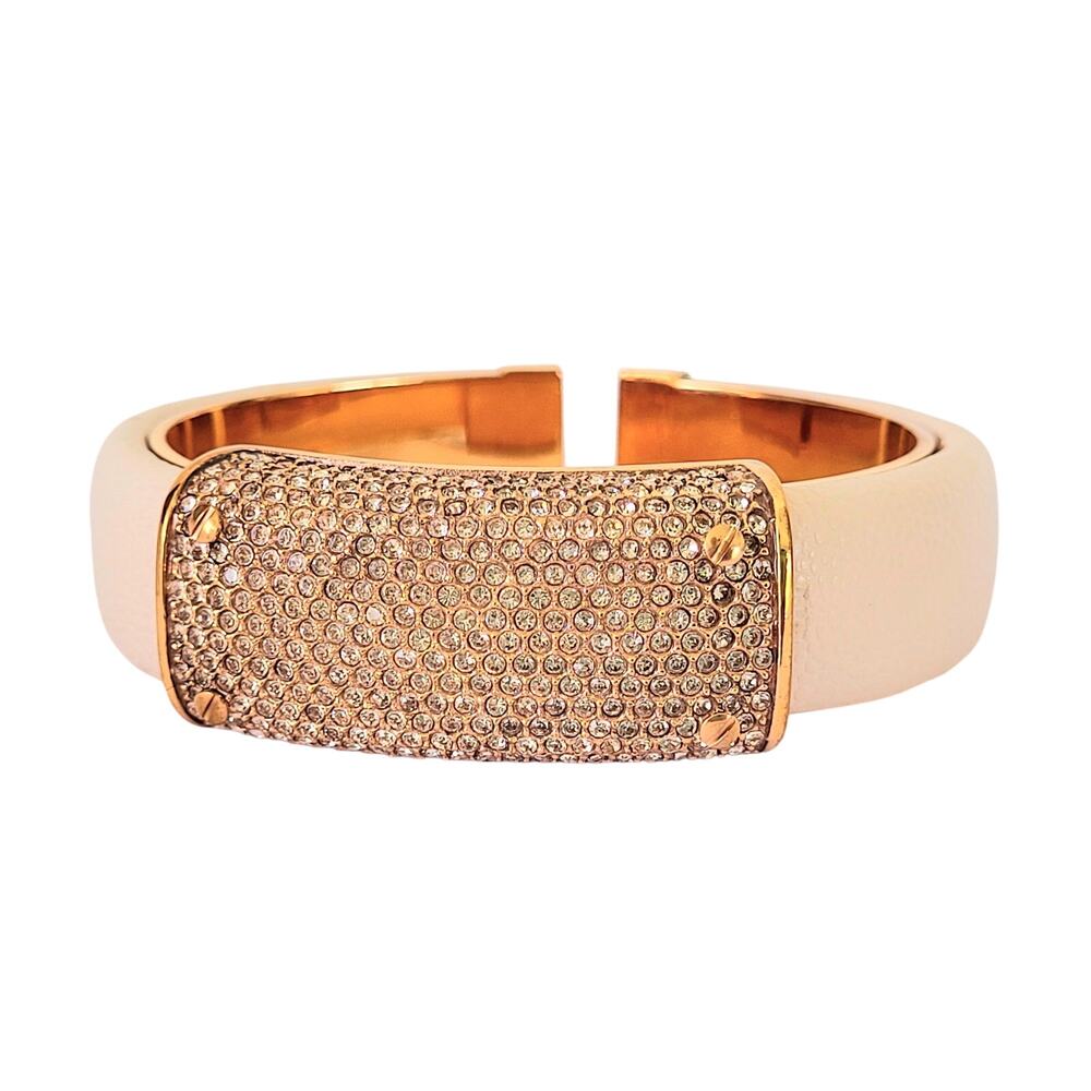 Henri Bendel Pink Crystal Leather Hinged Cuff VTG Signed